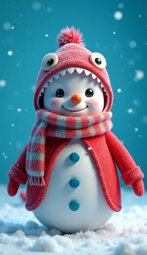  A beautiful snowman with big eyes in a red shark, red scarf ,  red mittens on blue chromakey 3d , 4K