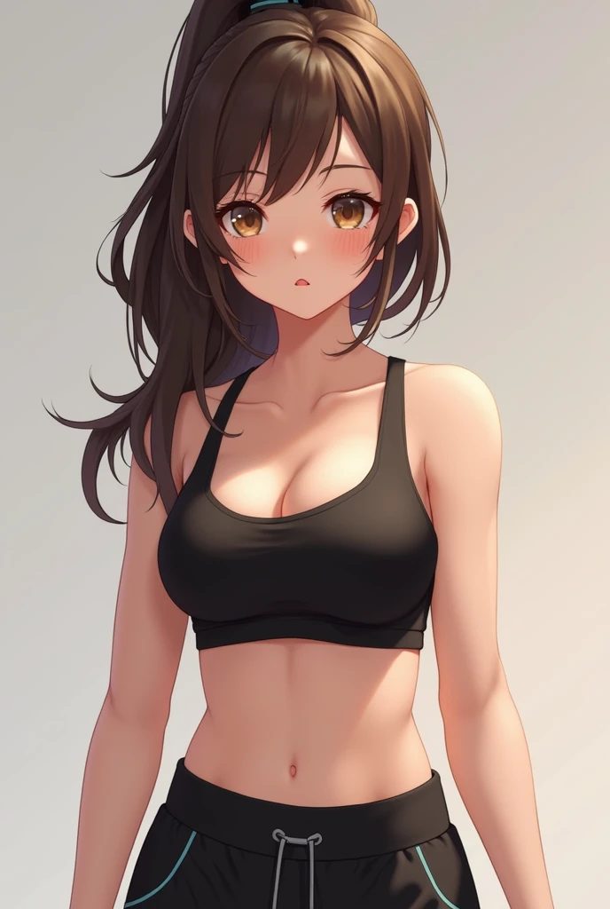 Realistic. Cute 20 years old tomboy girl. Brown hair, brown eyes and pinkish lips (upper lip thin and lower lip little bit bigger). Athletic built body. Dressed in black sports bra and sports shorts.