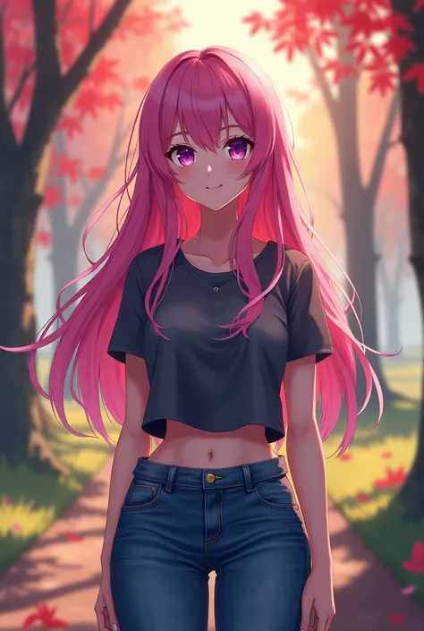 An anime woman reaper with pink hair with violet eyes and an hourglass figure in a cool t-shirt and jeans is smiling in the morning light in a park