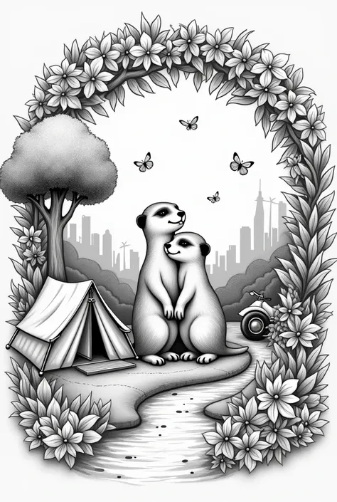  make an arc of flowers and leaves in the shape of a circle ,  in the center there is a foreground of a meerkat and an otter intertwined .  Inside the flower arch there are :  on the left upper and lower side a large tree ,  with strong and leafy roots .  ...