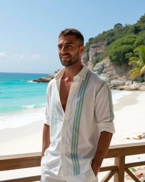 A young man stands confidently on a wood balcony with a view of the white sand beach, smiling as he looks off to the side. He wears a loose,  oversized full cotton fabric linen shirt with the top few buttons undone, this open style reveals part of the mans...