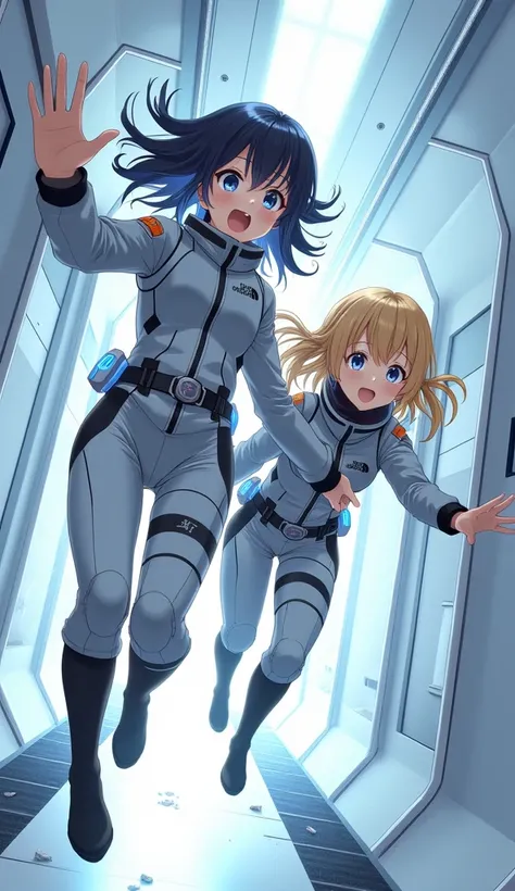 masterpiece, best quality, ultra-detailed, anime style, lovelive character style, 2female japanese idols in spacesuits floating in zero gravity, sci-fi corridor interior, sleek and futuristic white metallic walls and panels, dramatic upward angle view, bla...