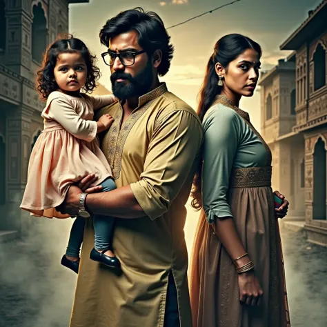 Create an ultra-realistic HD Bollywood movie poster featuring a powerful male lead, Surya Yadav, a rugged transport business tycoon. He stands tall wearing a traditional kurta-pajama with glasses, looking protective and determined, holding a 3- baby girl i...