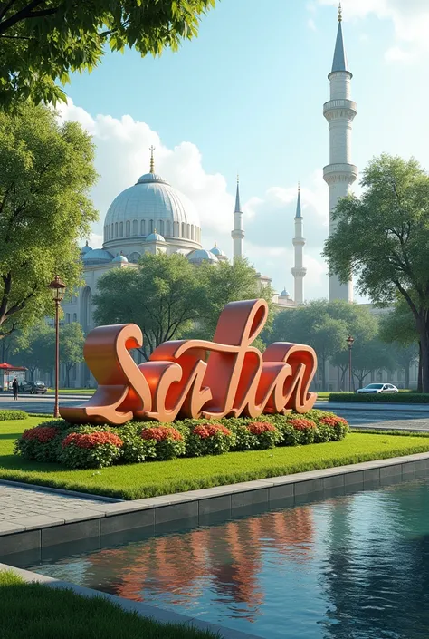 3D writing.  Big cool in the style of a city square Color white,written : "Keep Sabar and Shalat".  On the side of a busy city street and clean river,after the rain,in decorate plants in beautiful color,beautiful grass,against a green beautiful landscape,b...