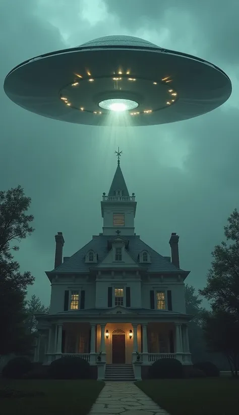 FLYING SAUCER HOVERING OVER A TALL HOUSE