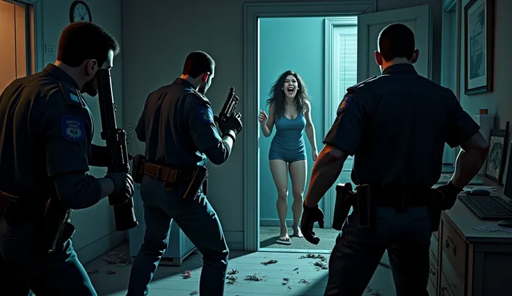 " A dramatic 3D comic book scene :  A door being violently broken down by armed police in a dark and disorganized house.  The woman in the background is screaming in panic ,  with trembling hands and an expression of terror . the atmosphere is gloomy, with...