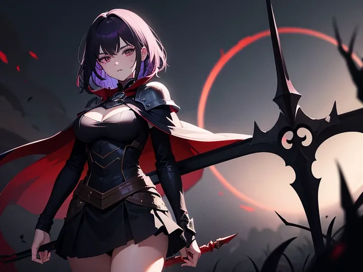 Fair Skin Girl. Her figure, Busty ,  curvy , The Right Direction,    short dark purple hair color, Yanderic-psychopathic eyes ,   short cloth similar to a cape ,  dark sleeveless clothes ,  nail,    Digital illustration from the 2000s ,  highest detail , d...