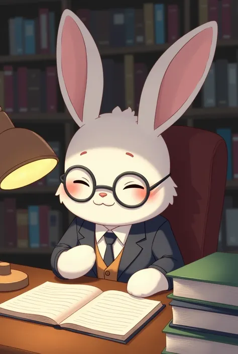  “Librarian Bunny”
Description ：One wears glasses、 The bunny in neat business attire sits behind a desk in the library，Im concentrating on organizing books 。 Its desktop is full of books and notebooks ， I have a warm desk lamp by my side ， Bunny occasional...