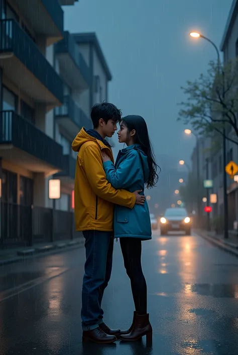 Couple in love under the rain, It is a two-lane secondary street. Its raining, They are at the door of a 5-story black and white building, They are on the sidewalk, They are looking at each other in love, The boy is 1.77 and the girl 1.60. They both look a...