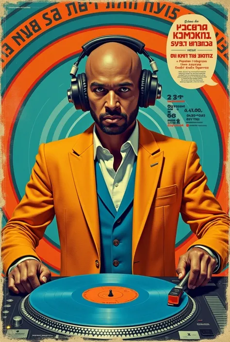 Full shot of a vibrant poster or album cover. A bald man with slightly brown skin, dressed in a DJ outfit, dominates the center of the image. His suit is a rich orange-gold color, with a textured, almost graphic look that indicates a strong style element. ...