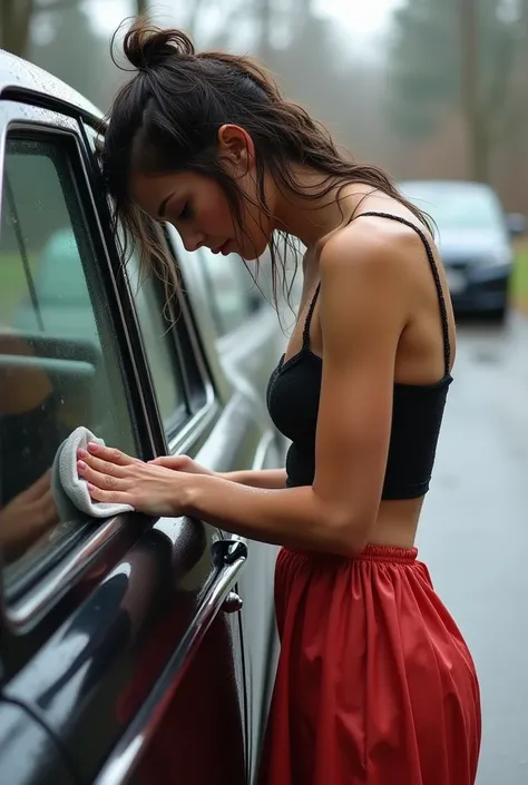 Realistic, super detailed, beautiful 21-yo Swedish girl bowing over your car, she is soaked and cleaning. Side view, breasts pressed against glass. Wearing shine-through wet strapless top and pleaded skirt. She is shy and embarrassed and looks into the cam...