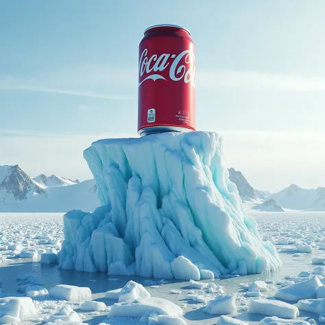 an iceberg in antarctica with a huge can of cola laying on the iceberg coveing the top of iceberg. 