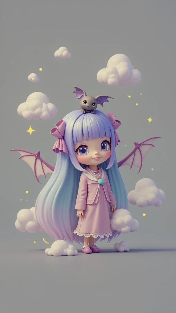 Make it same like the image,like vtuber character, purple hair with soft blue,make the bat looks cute,