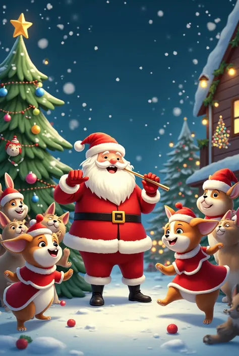 merry christmas lots of animal wearing christmas dress and santa playing flute all animal are dancing in a christmas night 