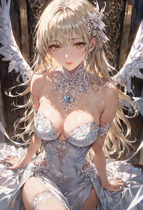 ((masterpiece),  top quality,  super detailed , Realistic texture,  Realistic Shadows , score_9, score_8_consolation, score_7_consolation)  being alone with shoulders exposed (( Mature Women ))  white blond hair with bangs . She is tall,  white blond hair ...