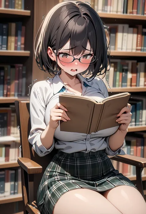 top quality, masterpiece,  high definition , 8k, Glasses,  1 girl, Alone,  Expressive Dark Brown Eyes , (((Trembling Body))), ((( loose, short hair ))), ((( black hair))),  Big Breasts High School Girl,  uniform with a white shirt and a dark green plaid mi...