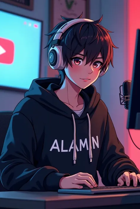 creating for character:- "Create a anime boy who have a  mature looking like a man facing in front  he is a  YouTube content creator, sitting in his studio with futuristic gadgets, and there is mic near him ,wearing black hoodie name ALAMIN, smiling, and t...