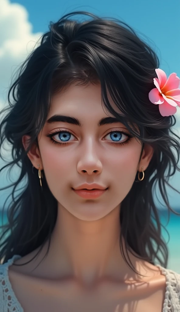 The image is a close-up portrait of a young womans face. She has dark hair that is styled in loose waves and falls over her shoulders. Her eyes are a piercing blue color and her eyebrows are a lighter shade of blue. She is wearing a gold nose ring and has ...