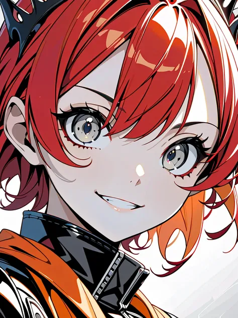 (masterpiece, ultra detailed, top quality), anime, solo girl, mid teens, evil grin, cel shading, (upper body, shiny skin, beautiful fingers, pretty face, big gray eyes, red short hair:1.4), crown, orange scarf, leather jacket, fantasy town.