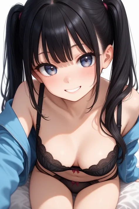  panties in full view, black panties, pretty girl,, black hair, long hair, Twin Tails ,smile