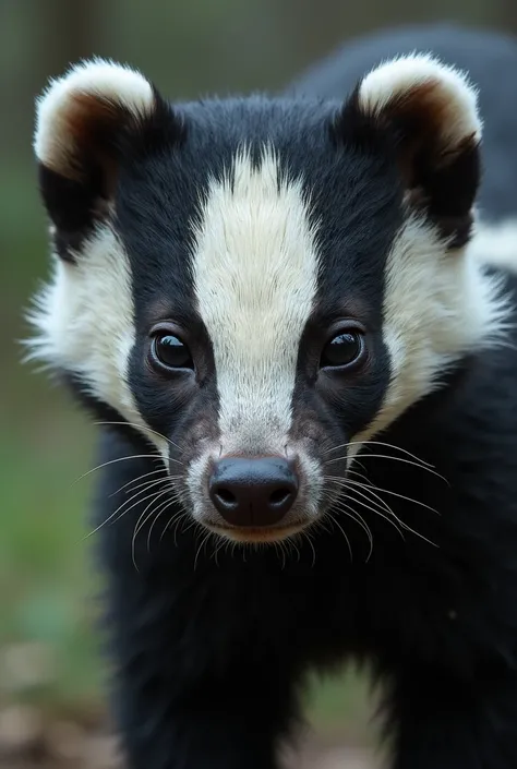 Human-honey badger hybrid , , a young guy with animal features and a small amount of black and white fur, The face is serious, 8 k,  adult ,  mythological and horror , but this is not an entire ,  beast but a person with the characteristics of a beast,  is...