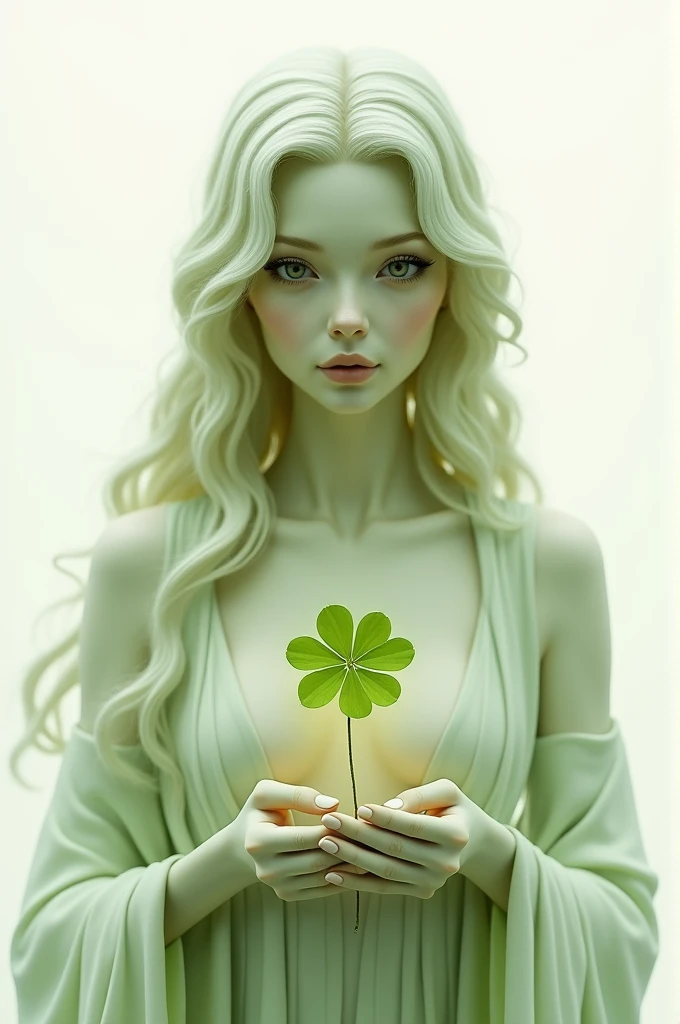 Im going to make a character from The Great War .  Picture a goddess with a white background and a light olive green appearance holding a clover in her hands