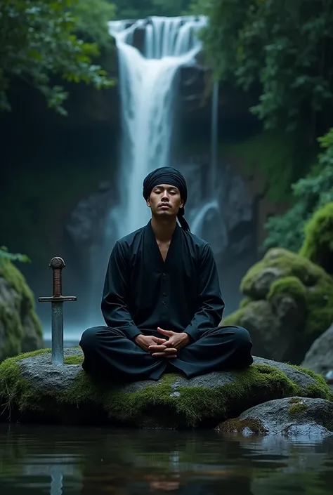  Create a picture of Indonesian man age 28 wearing a traditional Javanese headband kraton jogjakarta,wearing a black silat costume, eyes are closed down , sitting cross-legged on a rock there is moss and green trees under the waterfall ,next to him there i...