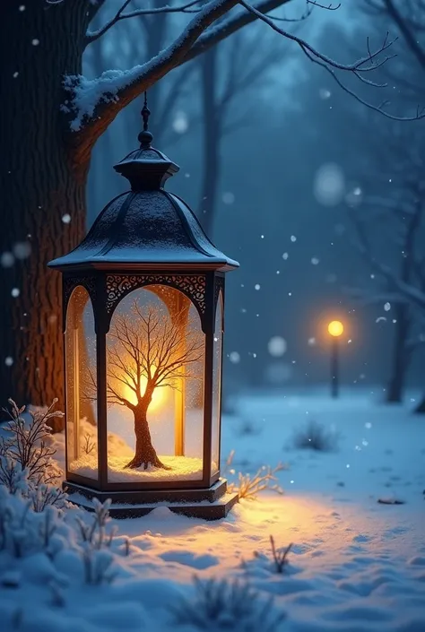 A dibrshstrk style painting, a lantern with a tree inside of it in the snow, lantern light besides, night park and lights in background