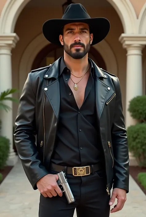  A handsome 30-year-old Mexican man , white-skinned,  with a short and perfectly groomed black beard .  His body is sturdy but muscular ,  showing a strong and athletic figure .  He is dressed in a black denim hat that gives it an air of authority ,  a bla...