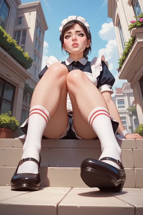 1 girl,  maids using aids , sit,  socks with edges ,  comes from below , Sole , ashamed,  Shorts, Lips,  socks without toes,  socks tied ,  masterpiece ,  High Building,  uncensored 