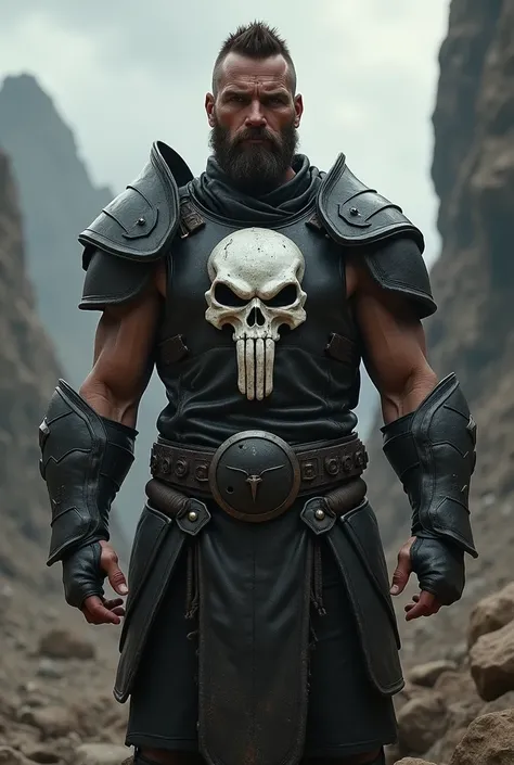  Short shaved brown-haired man wearing black armor and a white skull. Conan Exiles 