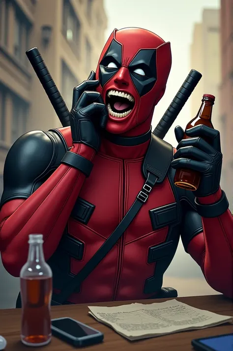 Deadpool is talking on the phone and laughing, holding a drink bottle in his hand.

