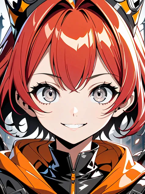 (masterpiece, ultra detailed, top quality), anime, solo girl, mid teens, evil grin, cel shading, (upper body shot, shiny skin, beautiful fingers, pretty face, big gray eyes, red short hair:1.4), crown, orange scarf, leather jacket, fantasy town.