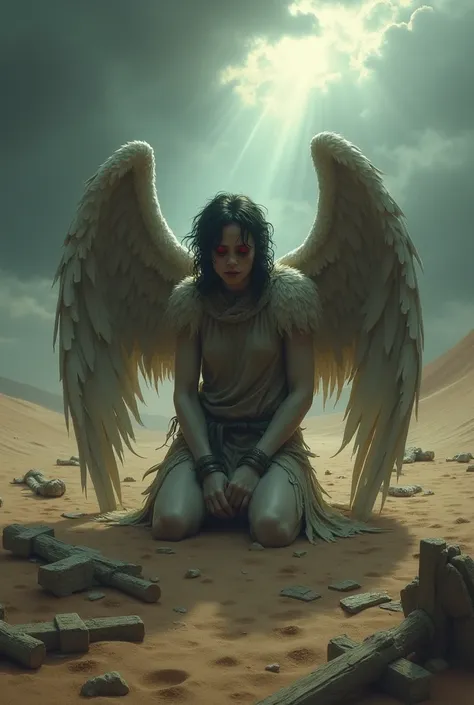  Fallen Angel Under a Stormy Sky 
" A fallen angel with torn wings ,  kneeling in a dark desert under a stormy sky , with rays illuminating in the background .  Your expression is one of anguish ,  with eyes shining in red tones . Around him,  broken and a...