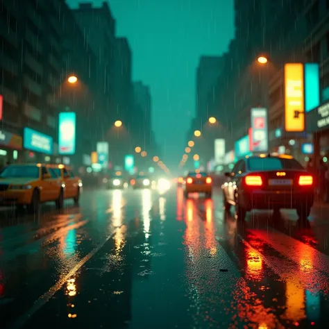 A romantic Bollywood movie poster background depicting a rainy night in a bustling city. The wet streets reflect colorful neon lights from street lamps, cars, and billboards. The scene glows with green, blue, and orange hues, creating a dreamy and cinemati...