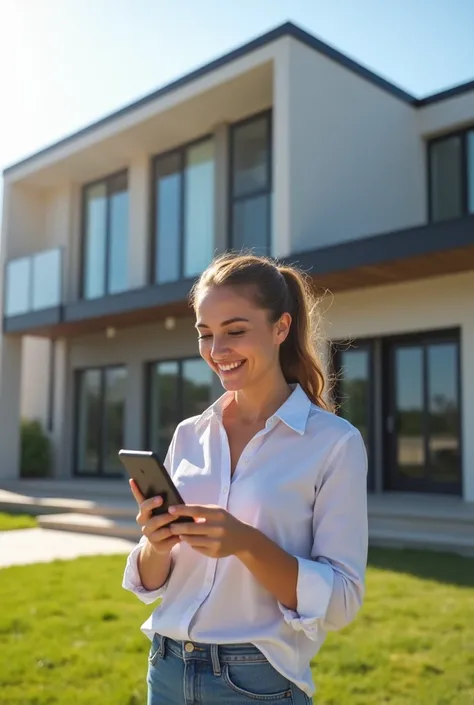 “A realistic and modern image of a happy woman using a home construction management app on her smartphone. The woman, who looks excited and joyful, is standing in front of a modern-style house with clean lines, large windows, and a minimalistic design. She...