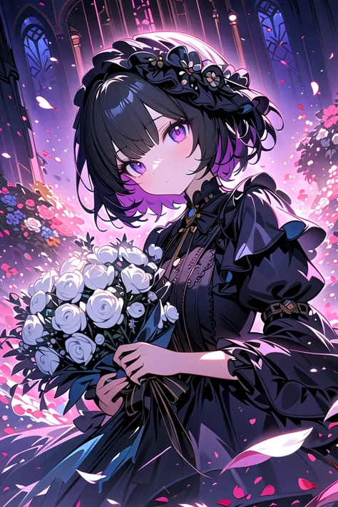 1 girl,, face not shown ,Black gothic dress , black cap ,Bouquet of white flowers,(holding Bouquet of white flowers),stand,front,( Black flower petals floating around in abundance),Rain Of Petals ,, many petals , petals floating in the air ,Art Deco, color...