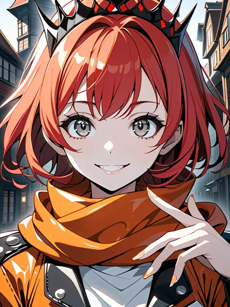 (masterpiece, ultra detailed, top quality), anime, solo girl, mid teens, evil grin, cel shading, (medium shot, shiny skin, beautiful fingers, pretty face, big gray eyes, red short hair:1.4), crown, orange scarf, leather jacket, fantasy town.