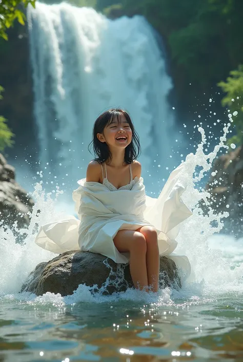 1girl (((wrapped wet torn white papers))),(splash),laughing, crotch, struddling rock, around big nature river,  from extremely below, ((waterfall)), cute pose