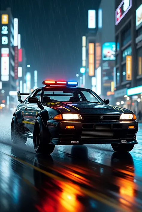 Anime art, car, automobile, vehicle, Toyota Chaser JZX100, black paint with thin yellow lines, off-road modifications, 4x4 suspension, large sport spoiler, off-road tires, police lights on the roof, advancing at high speed through the streets of a Japanese...