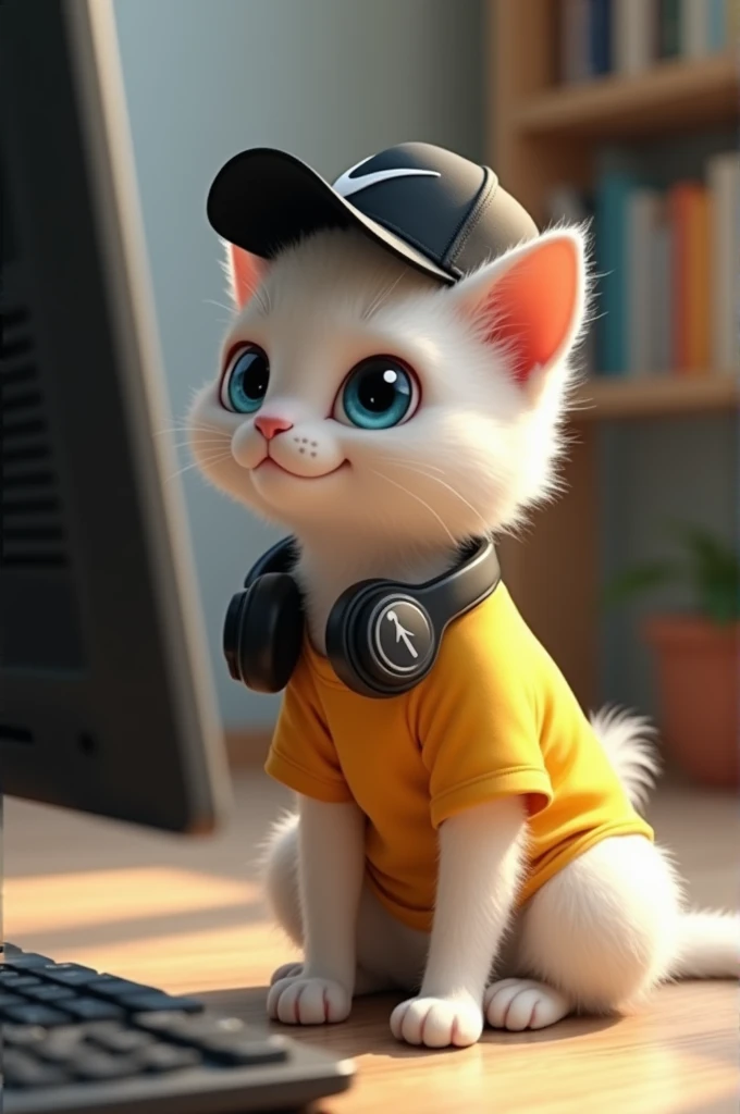 a teen white cat yelow t-shirt black nike cap,headphone in front of webcam