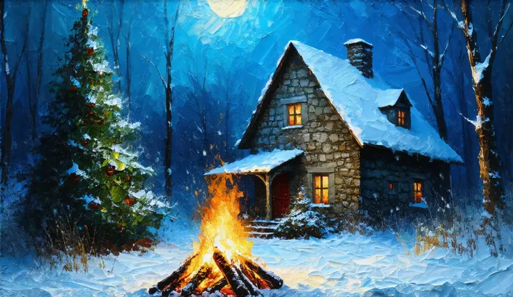 Create a semi-abstract Impressionism painting of a cozy  yard with bonfire and Christmas tree, snowing, nighttime, lush snow covered trees, cozy old stone small house on background,  blue and ochre tones, oil on canvas textured oil painting thick palette k...