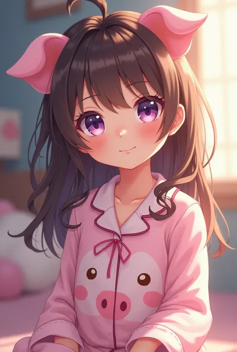 A  boy wearing pig pajamas, cute, good-looking, long brown hair, purple eyes, Japanese anime