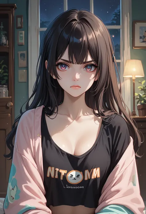 1girl, annoyed expression, pastel colores pajama topped crop, DARK HAIR, hime cut, looking at viewer, livingroom back. (Slim Body), portrait. (NIGHT:1.4), boobs out, nsfw, nip slip