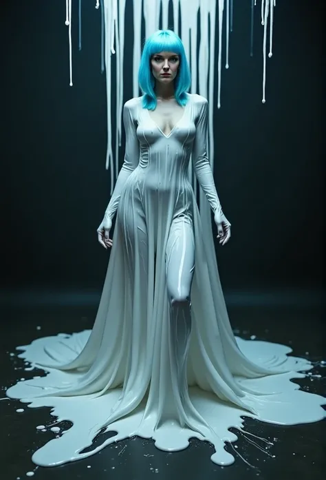 ((( professional photo shoot ))) Wonderful and  ((( surreal image )))  a beautiful woman with light blue hair , You in a dark room ,  where white paint flows down from the ceiling,  dripping down her body ,  paint creates a beautiful dress on her body.  da...