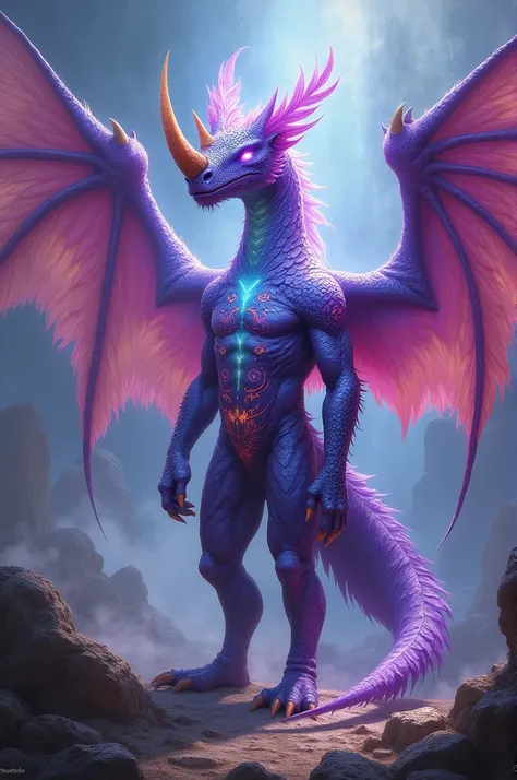 Une personnage humanoïdes,  a third amethyst dragon , A third celestial , un tiers braxat,  with a rhinoceros horn and feathers on its wings,  according to the rules of Dungeons and Dragons 3.5