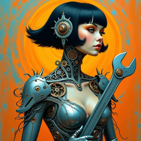 A figure with intricate clockwork components and stylized gears, rendered with a neo-photorealistic aesthetic, stands with confident posture, grasping a wrench. She has a sleek, dark bob and sharp, metallic features, set against a vibrant, cyan-orange back...