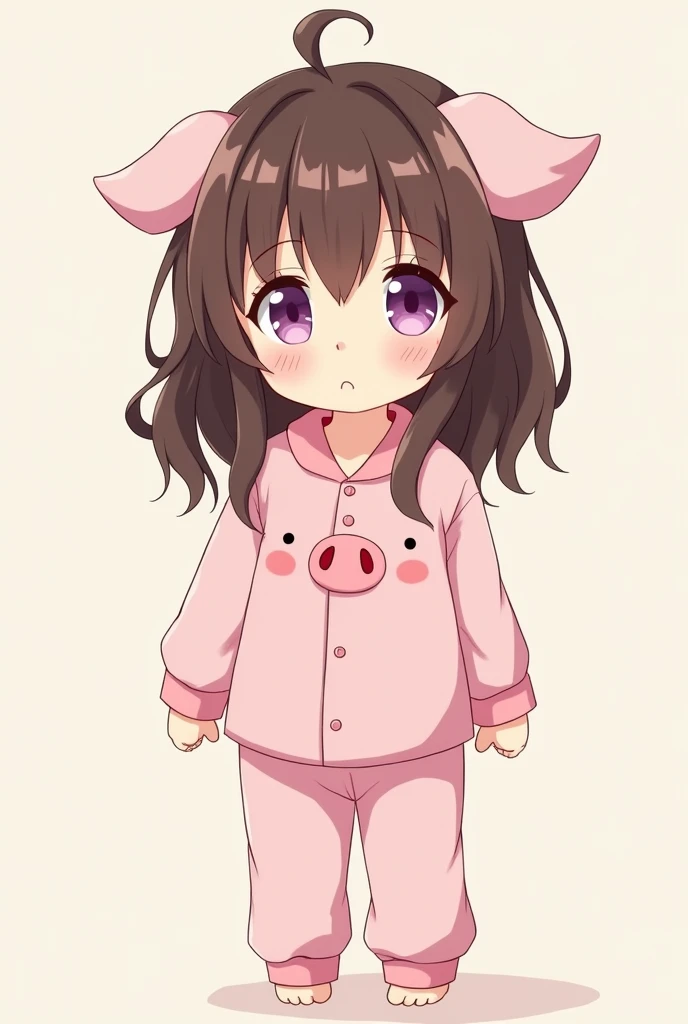  wearing pig pajamas with a hat, is cute and good-looking, has long brown hair, and purple eyes, Japanese anime ,Boy !Shota ,A  boy with no pajamas pattern 