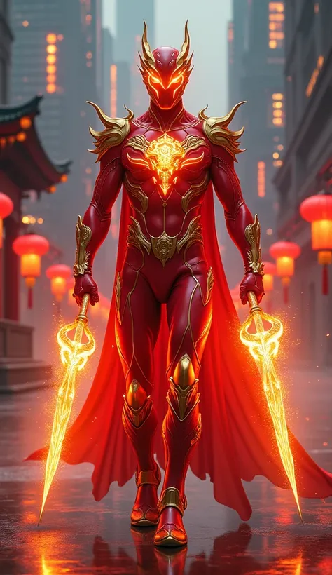 suit:  Combination of bright red and gold colors ,  with scaly dragon motifs extending from arms to chest .  Semi-transparent thin cloaks resembling traditional but high-tech silk .

Accessories:  Plasma energized weapons in the shape of a spear or emittin...