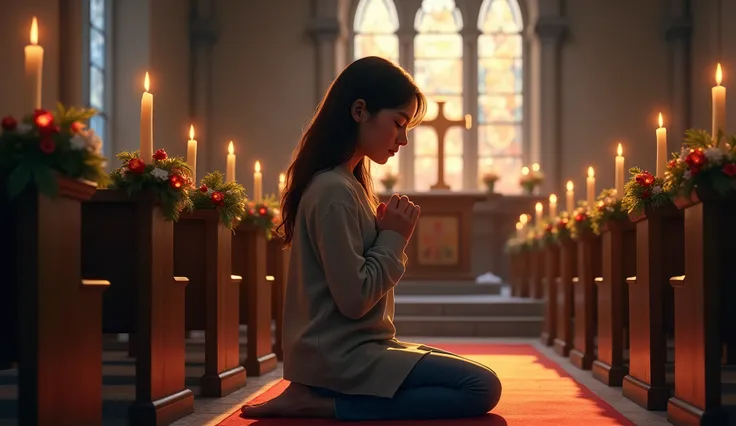 Kneeling in Silent Prayer:
A 28-year-old Muna woman kneels on a cushioned pew, her hands clasped tightly in prayer. Her eyes are closed, and her face reflects deep hope and faith. The church altar is softly illuminated by candles, with Christmas garlands a...